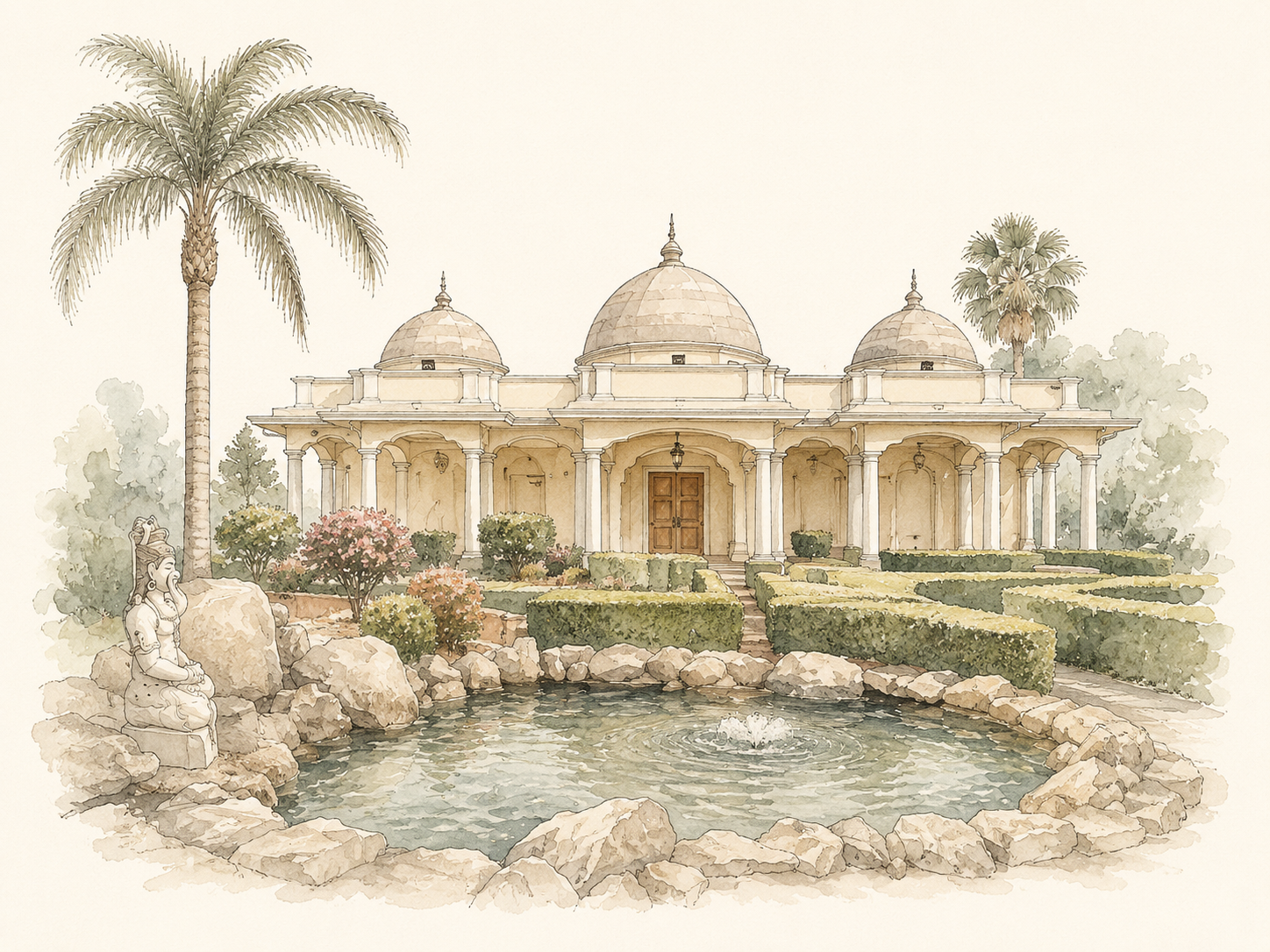 Watercolour illustration of Laxmi Narayan Mandir Temple in Sacramento