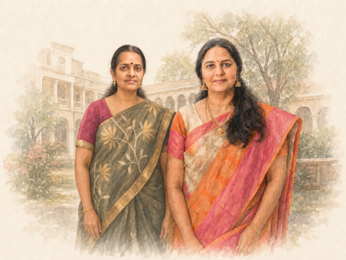 Madhu and Brindha standing together in a watercolor college courtyard