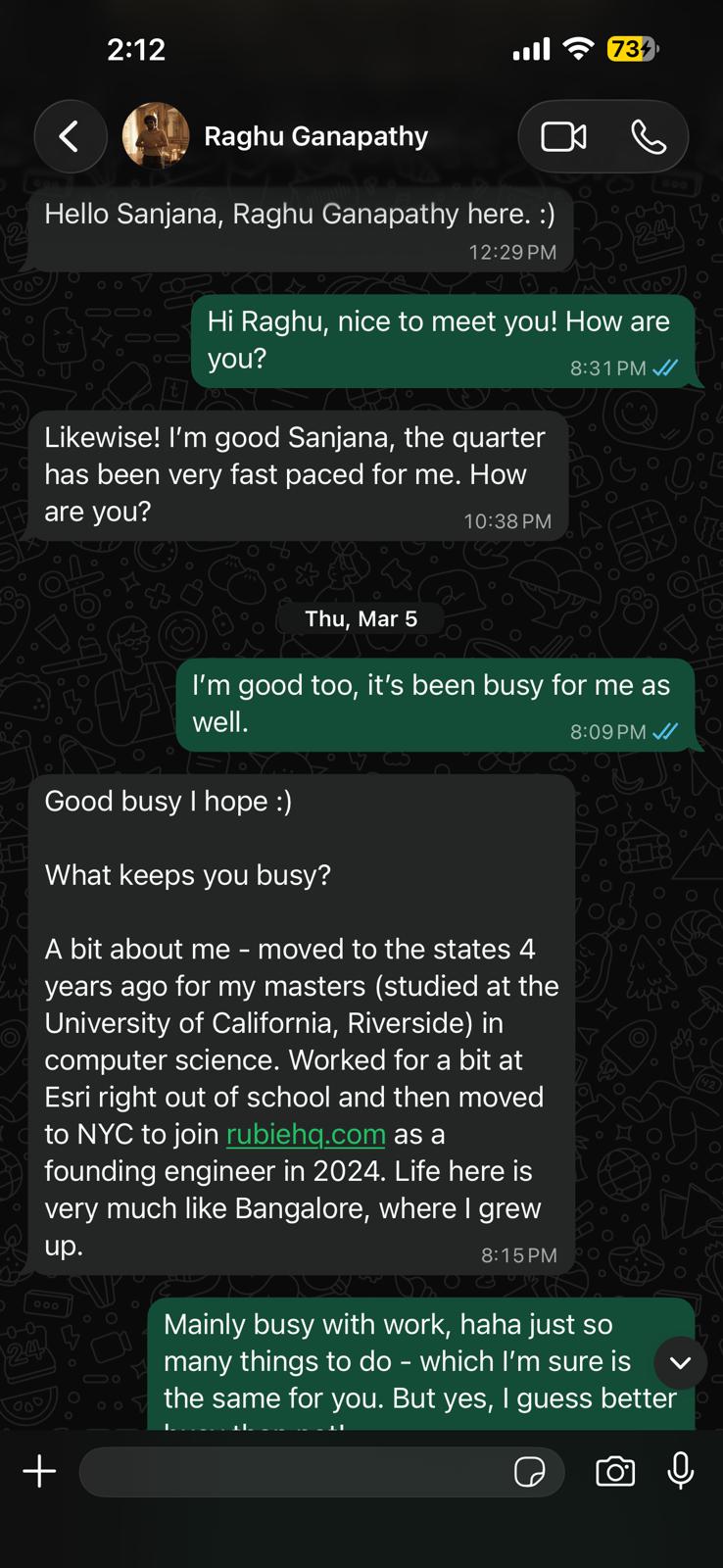 The first WhatsApp messages between Raghu and Sanjanaa, beginning with Raghu saying hello