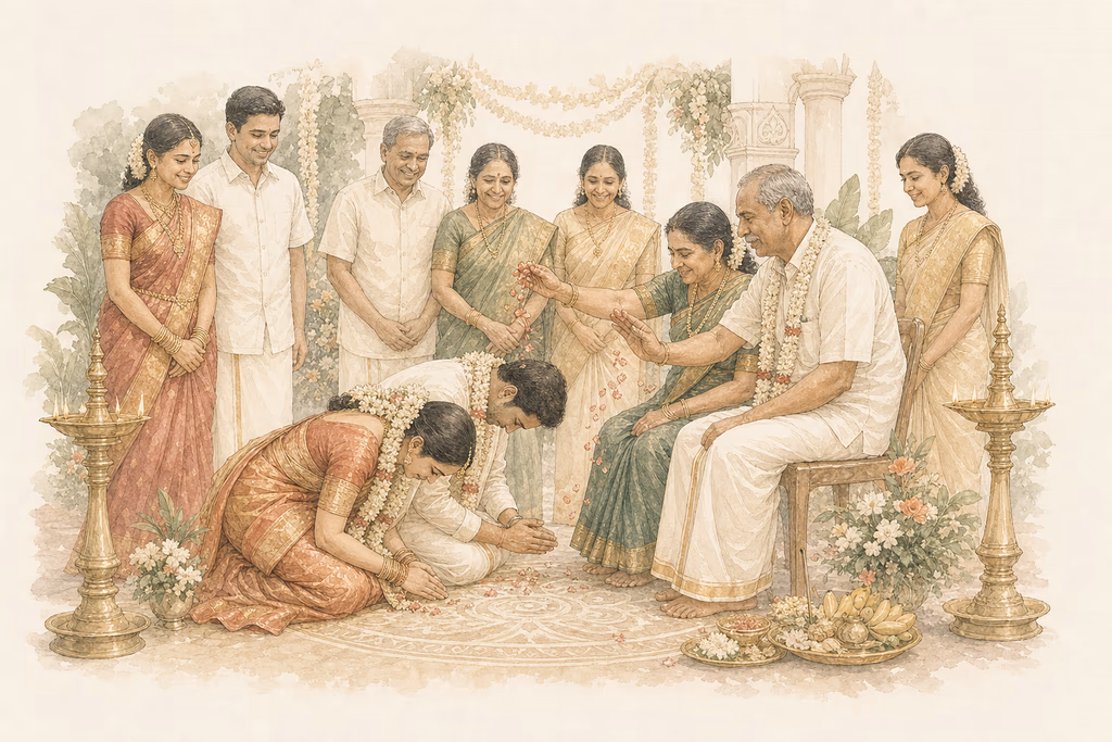 Watercolor illustration of the newly married couple receiving blessings from their elders