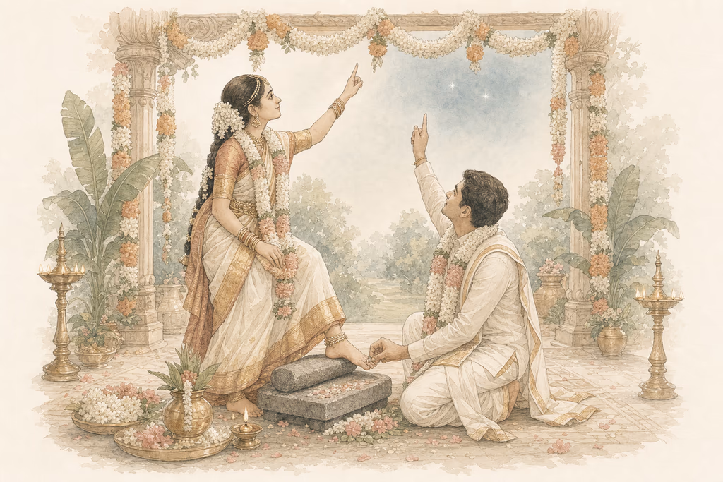 Watercolor illustration of the Ammi Mithithal, Arundhati Paarthal, and Metti rituals