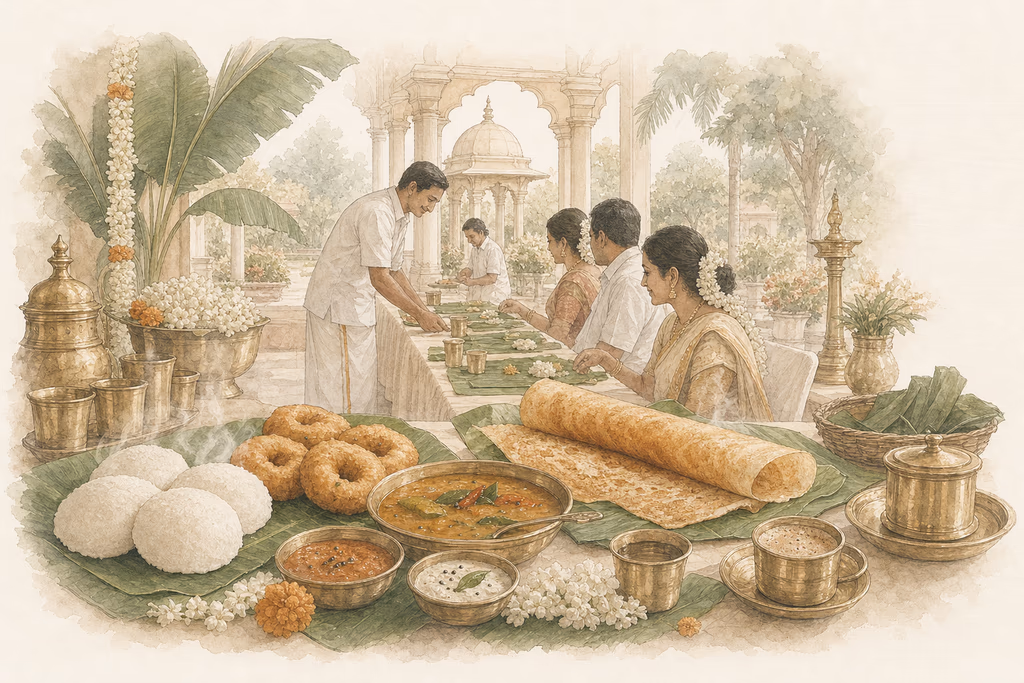 Watercolor illustration of a traditional South Indian wedding breakfast