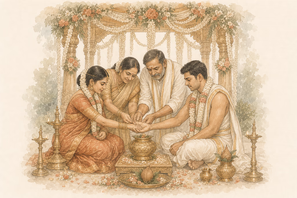 Watercolor illustration of the traditional Kanyadaanam ceremony