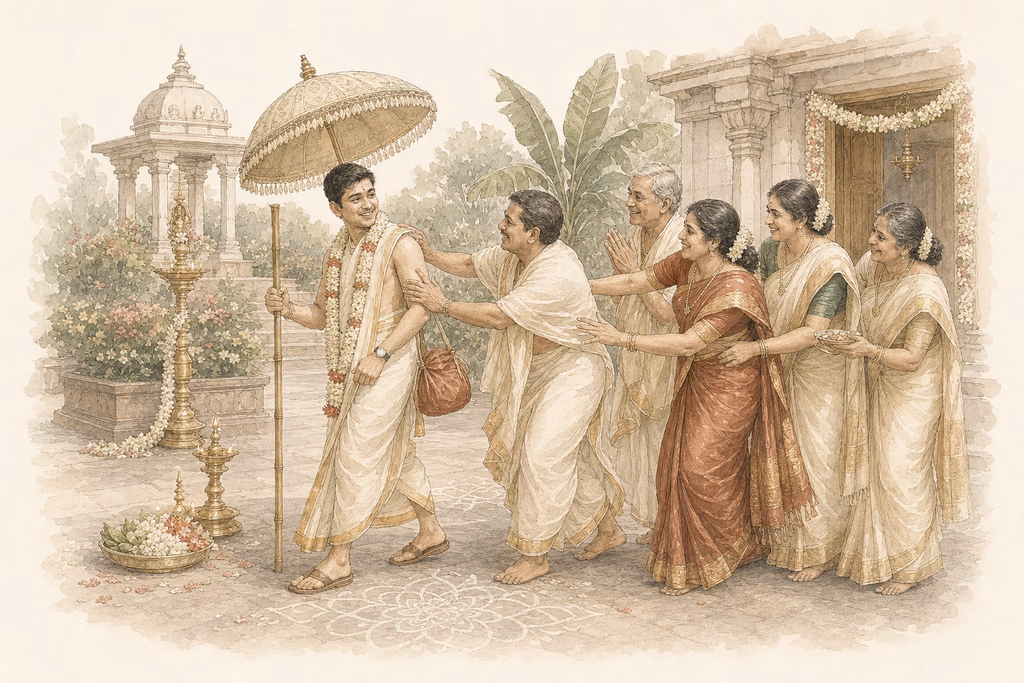 Watercolor illustration of the groom setting out for the traditional Kasi Yatra