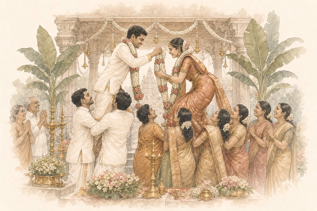 Watercolor illustration of the bride and groom exchanging wedding garlands
