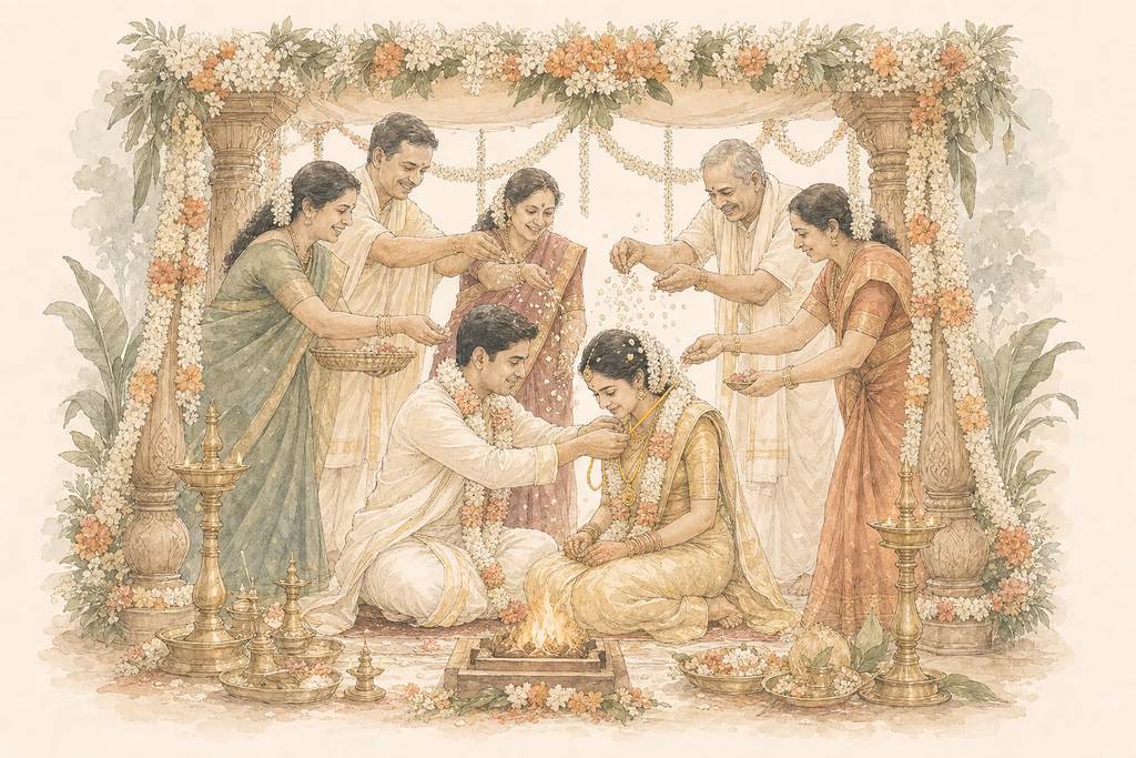 Watercolor illustration of the Mangalya Dharanam thali-tying ceremony
