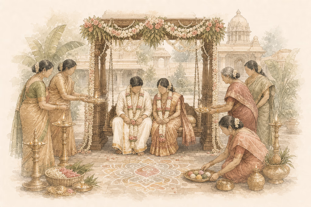Watercolor illustration of the bride and groom seated on a decorated oonjal swing