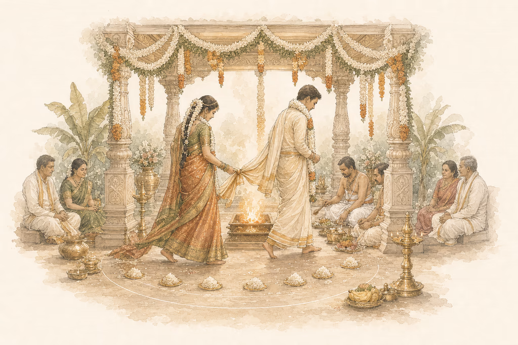 Watercolor illustration of the couple taking seven steps around the sacred fire