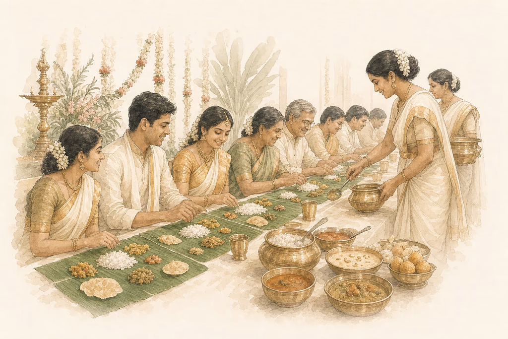 Watercolor illustration of a South Indian wedding lunch served on banana leaves